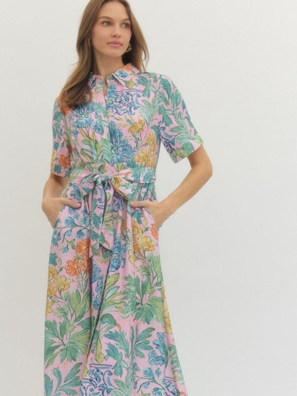 NWT Entro Pink Floral Puff Sleeve Midi Dress with Tie Waist - Picture 9 of 10